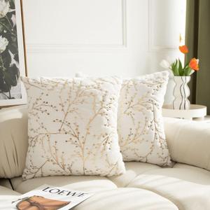 LIGICKY Set of 2 Fluffy White Faux Fur Pillow Covers with Gold Branches Glitter Printed Throw Pillows Decorative Soft Furry Sparkling Square Cushion Cases for Sofa Bedroom Party Dcor, 18 x 18 inch