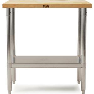 John Boos Maple Wood Top Work Table, 36x24x36 1.5 Thick Tabletop, 68-lb Kitchen Station with Wooden Edge-Grain Table & Steel Base, & Adjustable Shelf