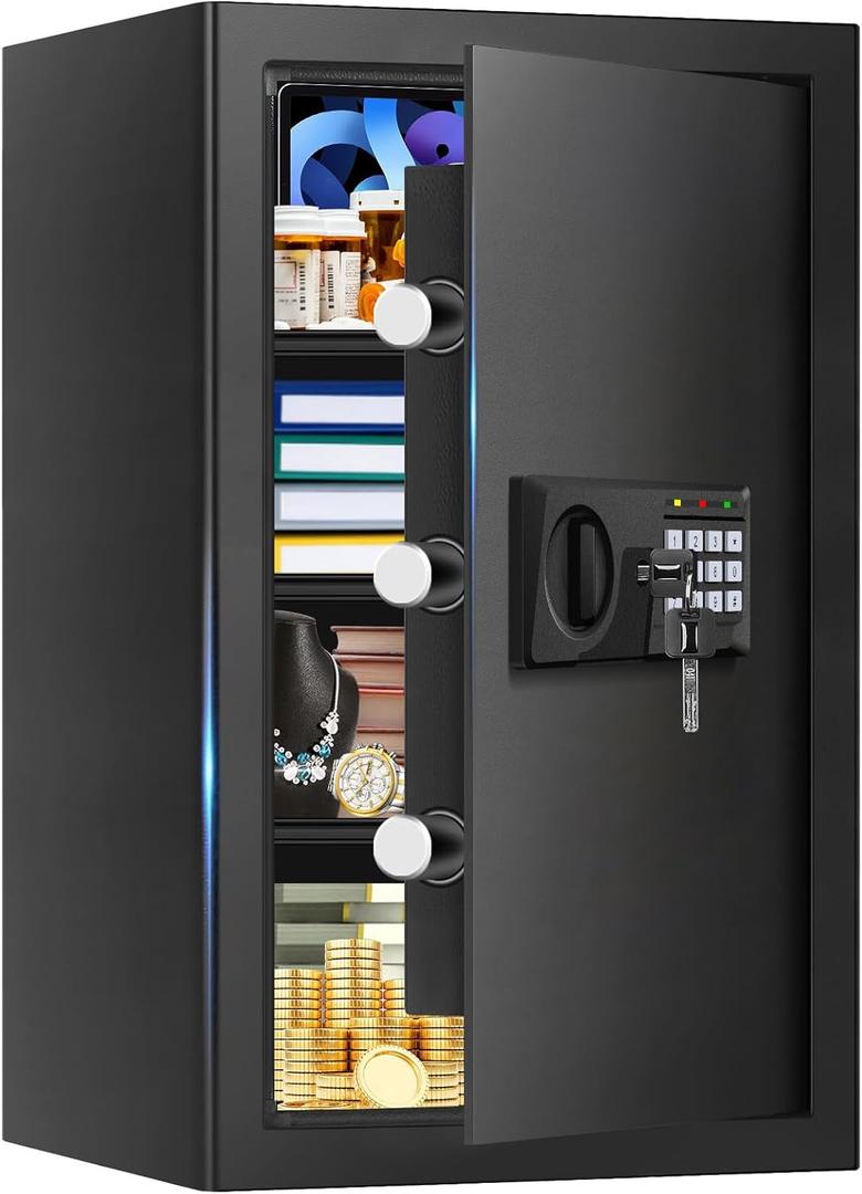 5.2 Cu Ft Large Home Safe Box Fireproof Waterproof, Personal Security Safe with Digital Keypad, Spare Keys, Alarm System and 3 Removable Shelves, Fire Document Safes for Home Money Medicine Valuables