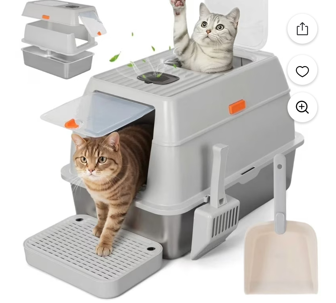 Maxdot Stainless Steel Litter Box with Lid, XL Large Enclosed Metal Cat Litter Box with Scoop and Mat, Front Entry Top Exit, Odor Control, Non-Sticky, Easy to Clean, 23.6 x 15.7 x 15.7 Inches