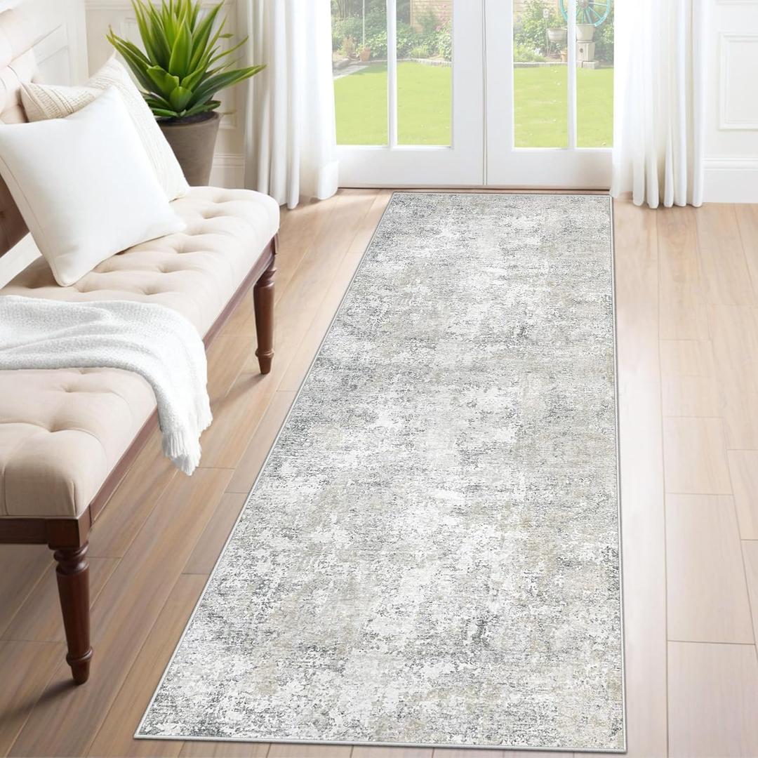 XLUEZ 2x7 Runner Rug for Hallway, Washable Modern Abstract Runner Rugs Neutral Soft Non Slip Kids Rug Stain Resistant Indoor Runners for Entryway Bedroom Kitchen Laundry Room(Beige Grey, 2'x7')