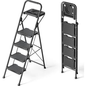 KINGRACK 4 Step Ladder with Tool Platform, Sturdy Step Stool, Anti-Slip Wide Pedals, Handrail, Foldable Step Ladder, Pass 900LBS Testing, Multi-Use for Home, Garage, Garden, Painting, Black