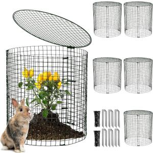 Hiboom 6 Set Garden Plant Protectors from Animals with Stakes, Metal Mesh and Detachable Covers Wire Plant Cage for Keeping Bunny Animals Out, Chicken Wire Cover Garden Protection (15.7x13)