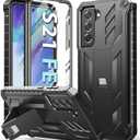 for Samsung Galaxy S21-FE Protective Case: Dual-Layer Military Grade Drop Proof Full Protection Cover with Kickstand | Durable Rugged Shockproof TPU Matte Textured Tough Phone Bumper Shell (Black)