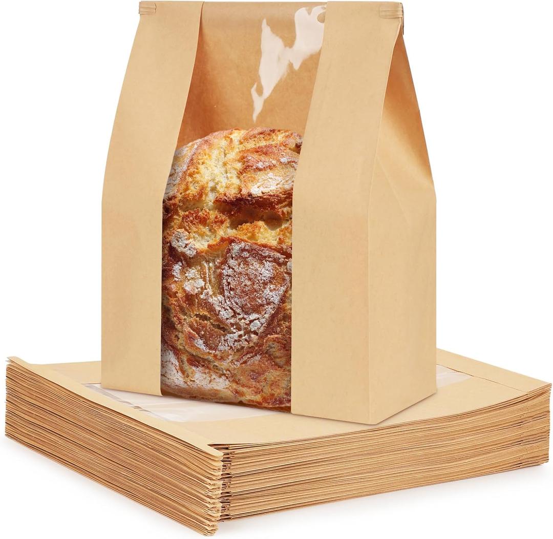 100 Pack Paper Bread Bags for Sourdough, Large Bread Bags with Tabs for Homemade Bread Round Sourdough Loaf Bags for Gifting (8.3x3.513 Inches) | Grease Resistant, Resealable