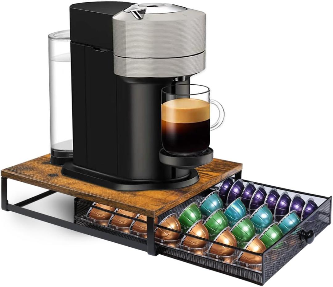 Sedegn Coffee Pod Holder Drawer Organizer Vertuo Capsules Storage Organizer with Sliding Drawer Compatible For Nespresso Vertuo Pods, Holds up to 56 Small or 28 Big Vertuo Pods Rustic Brown, Oak 14.9"D x 11.4"W x 3.3"H