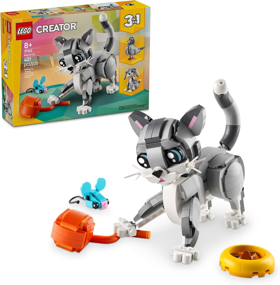 LEGO Creator 3 in 1 Playful Cat Toy - Building Toy with 3 Building Options, Cat, Dog, or Pigeon - Birthday Gift for Kids - Animal Figures for Kids, Girls and Boys, Ages 8+ - 31163