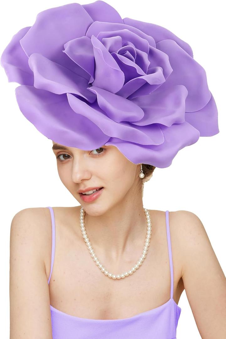 Gionforsy Flower Fascinators Hat Tea Party Hats for Women Rose Fascinator Hat for Wedding (One Size, Purple)