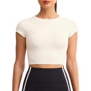 Workout Crop Tops for Women Yoga Short Sleeve Mild Support Slim Fit Cropped Athletic Shirts Gym Tee Built in Bra (Small, Creamy White)