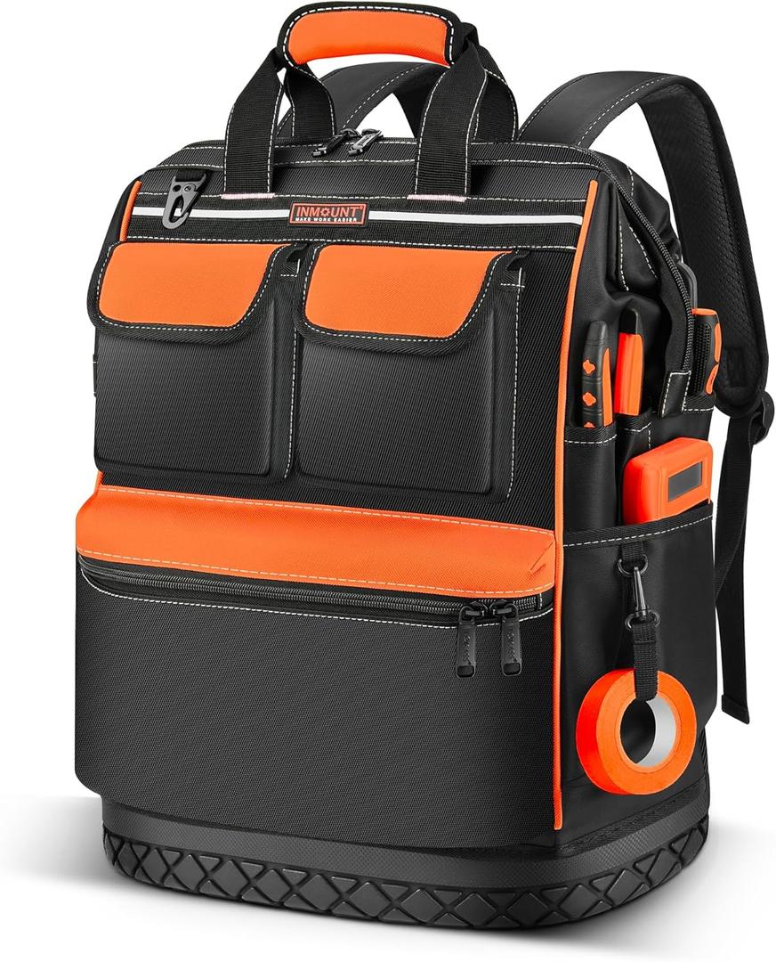 LOKASS Tool Bag Backpack, Heavy Duty Tool Backpacks with Combination Lock, Waterproof Tool Bags for Tools Storage and Organization, Black/Orange
