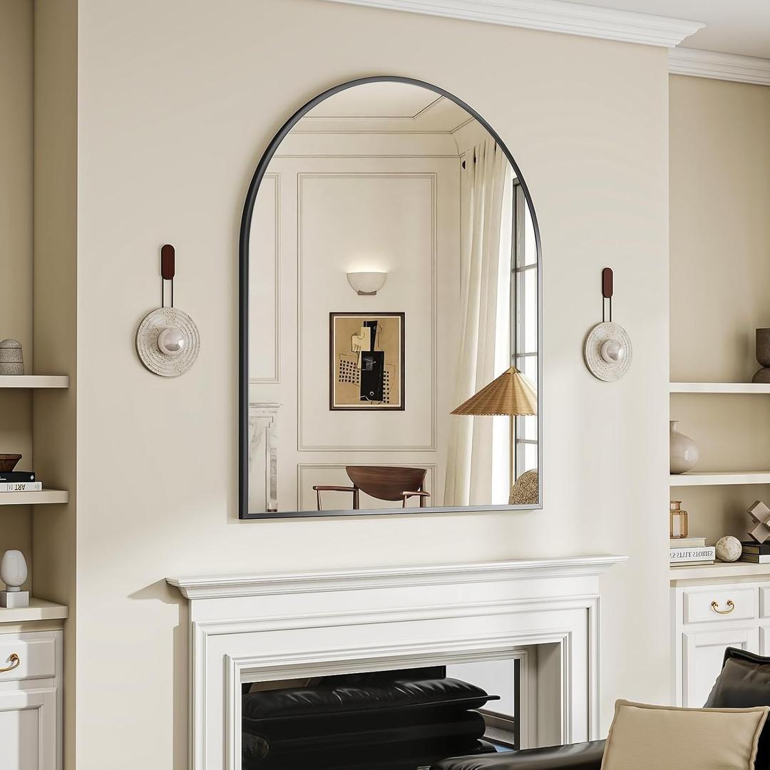 BEAUTYPEAK 32"x42" Arch Bathroom Mirror, Wall Mounted Vanity Metal Frame Mirror for Bedroom, Entryway, Living Room, Black