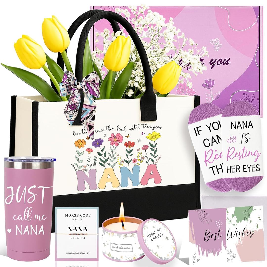 Nana Gifts, Birthday Gift Set for Nana Grandma Gigi, Gifts Ideas Tote Bag Tumbler Candle Bracelet from Granddaughter Grandson Grandchildren Grandkids