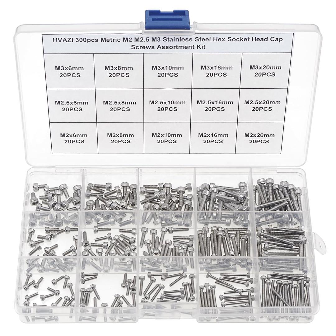 300pcs Metric M2 M2.5 M3 Stainless Steel Hex Socket Head Cap Screws Assortment Kit