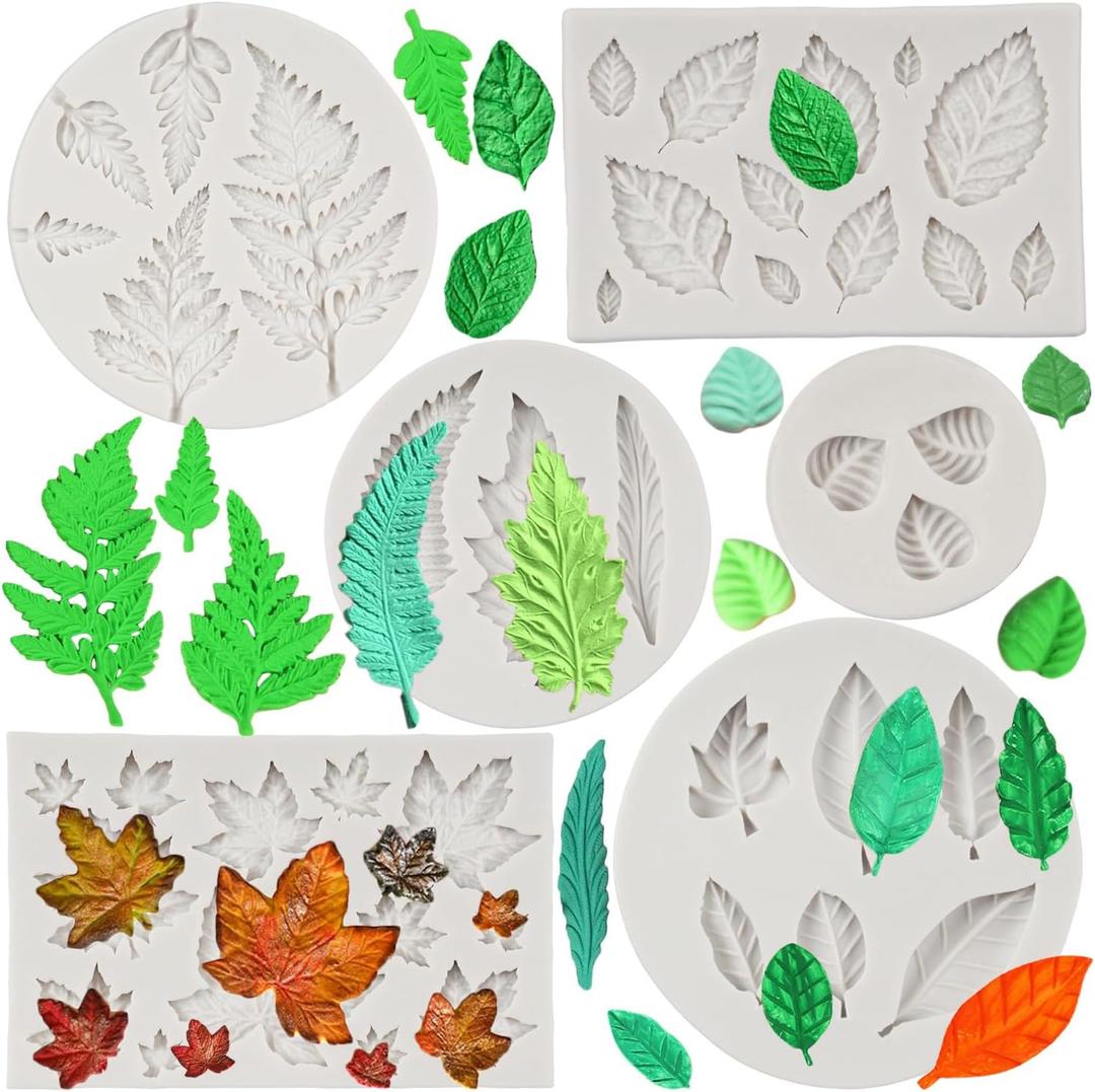 Leaf Silicone Mold Maple Leaf Fondant Mold Rose Leaf Molds Fern Leaves Candy Molds For Cake Decoration Cupcake Topper Chocolate Polymer Clay Gum Paste Set of 6, Style A