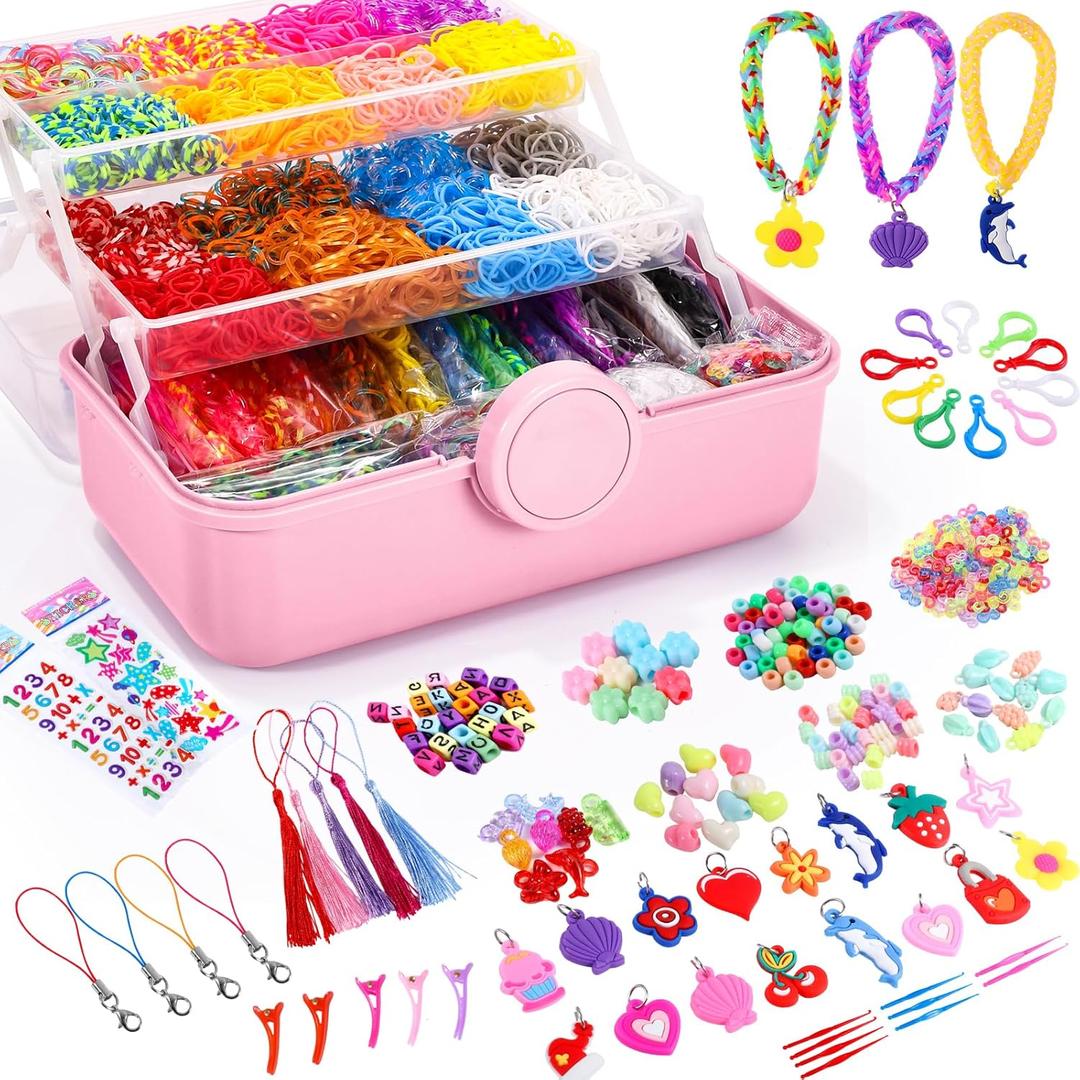 18500+ Bracelet Making Kit Rubber Band, 26 Colors Rubberband Bracelet Kit with 3 Layer Container Includes Glow-in-The-Dark Rubber Bands, Bracelet Making Refill Kit Valentines Gift for Kids(Pink)