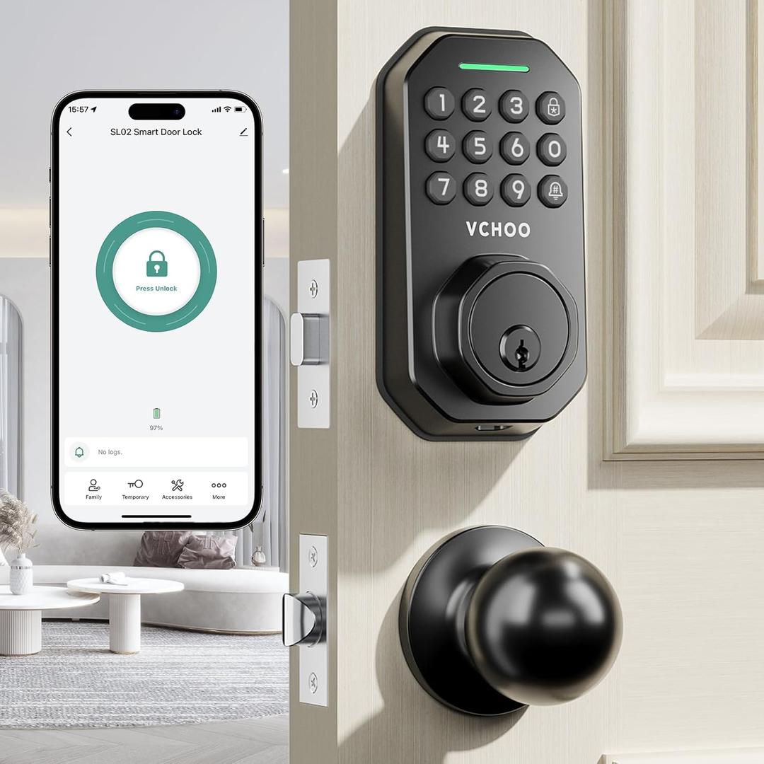 Keyless Entry Door Lock with Handle App Control Door Locks for Front Door Anti-Peeping Password Smart Door Lock for Homes Hotel Bedroom Doors with 2 Door Knobs (Matte Black)