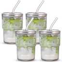 13oz/400ml Glass Water Tumbler with Straw and Lid Sealed Carry On Thick Wall Iced Coffee Cup Glass Cup for Water, Iced Tea Fruit Juice Etc(Aurora White-4Pack)