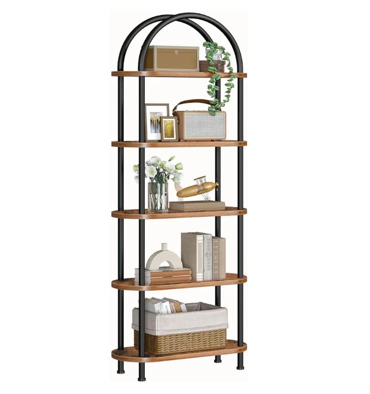 HOOBRO 5 Tier Open Bookshelf, Industrial Arched Bookcase Display Shelf Rack, Wooden Bookcase Storage Shelf Metal Frame, Tall Storage Organizer for Home, Easy Assembly, Rustic Brown BF176SJ01