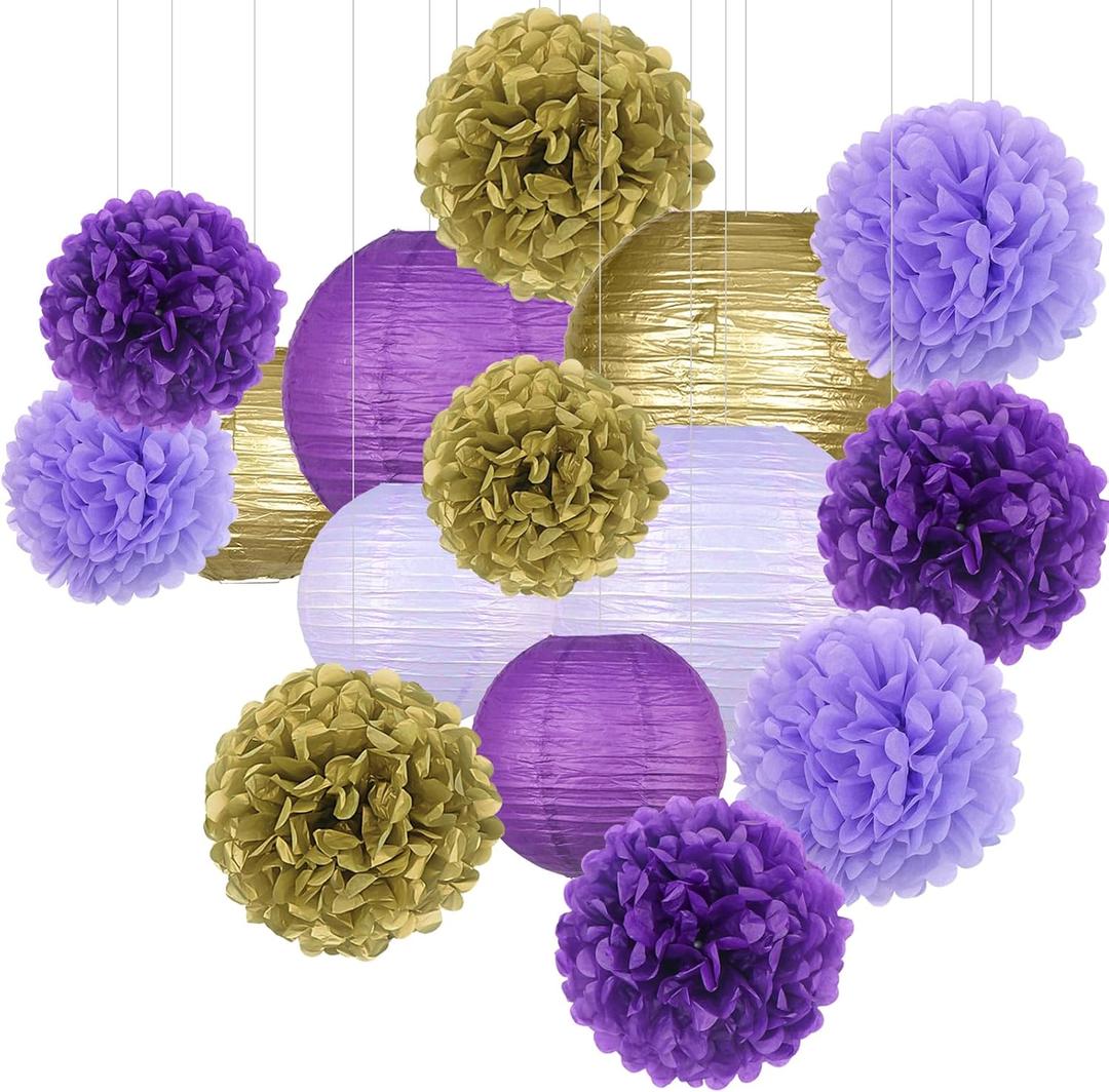 KAXIXI Hanging Party pom pom Set, 15pcs Purple Gold Paper Flowers Pom Poms Balls and Paper Lanterns for Wedding Birthday Bridal Baby Shower Graduation, LanternPomPom010