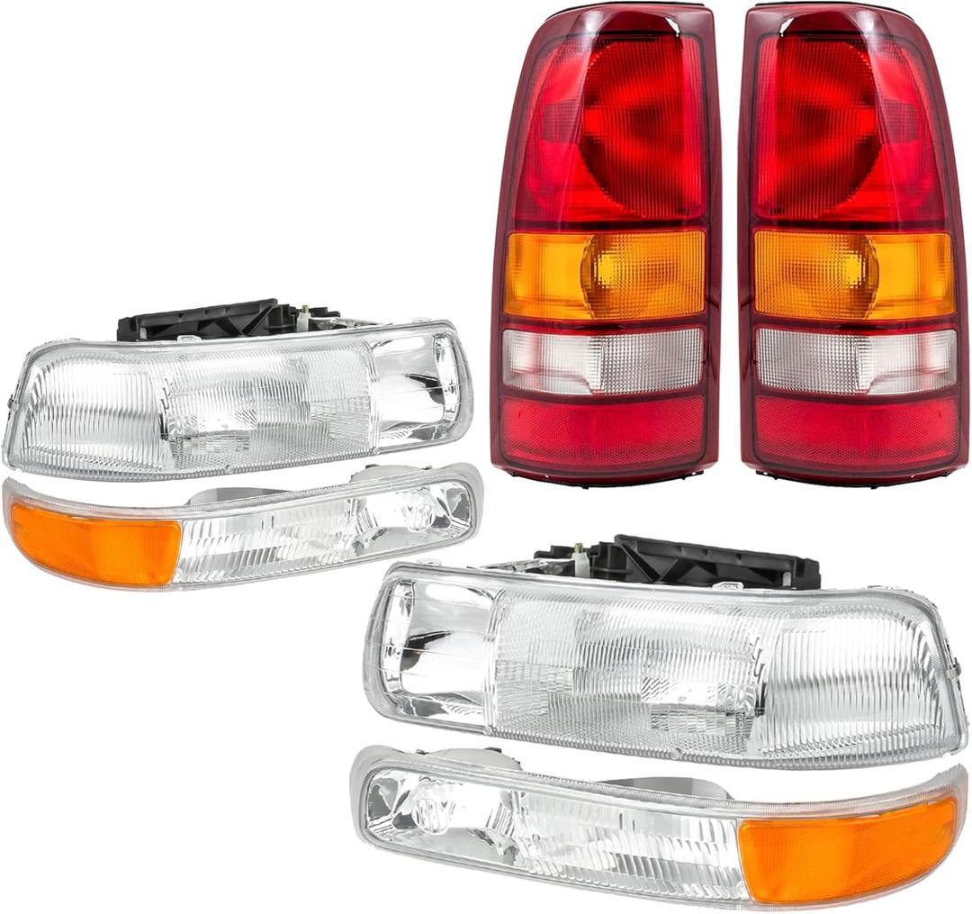 Headlights Tail Lights Assembly Combo Compatible with 1999 2000 2001 2002 Chevy Silverado 1500 2500 / HD, HeadLamp+Taillight Rear Brake Lamp, Factory Style