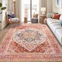Foxmas 6x9 Area Rugs for Living Room, Machine Washable Vintage Rug, Non-Slip Low Pile Throw Rugs with Rubber Backing Washable Carpet for Bedroom Dining Room Kitchen Home Decor, Orange