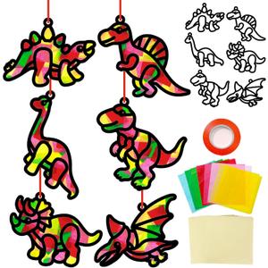 Qyeahkj 36 Set Dinosaur Suncatchers Crafts for Kids DIY Dinosaur Tissue Paper Crafts Window Stained Glass Effect Dino Hanging Decor School Home Creative Activity Art Projects Birthday Party Favor Gift
