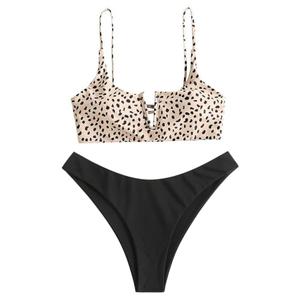 ZAFUL Women's Leopard Bikini Set V Wired Animal Print Ribbed Colorblock Swimsuit High Cut Two Piece Swimwear S Yellow and Black