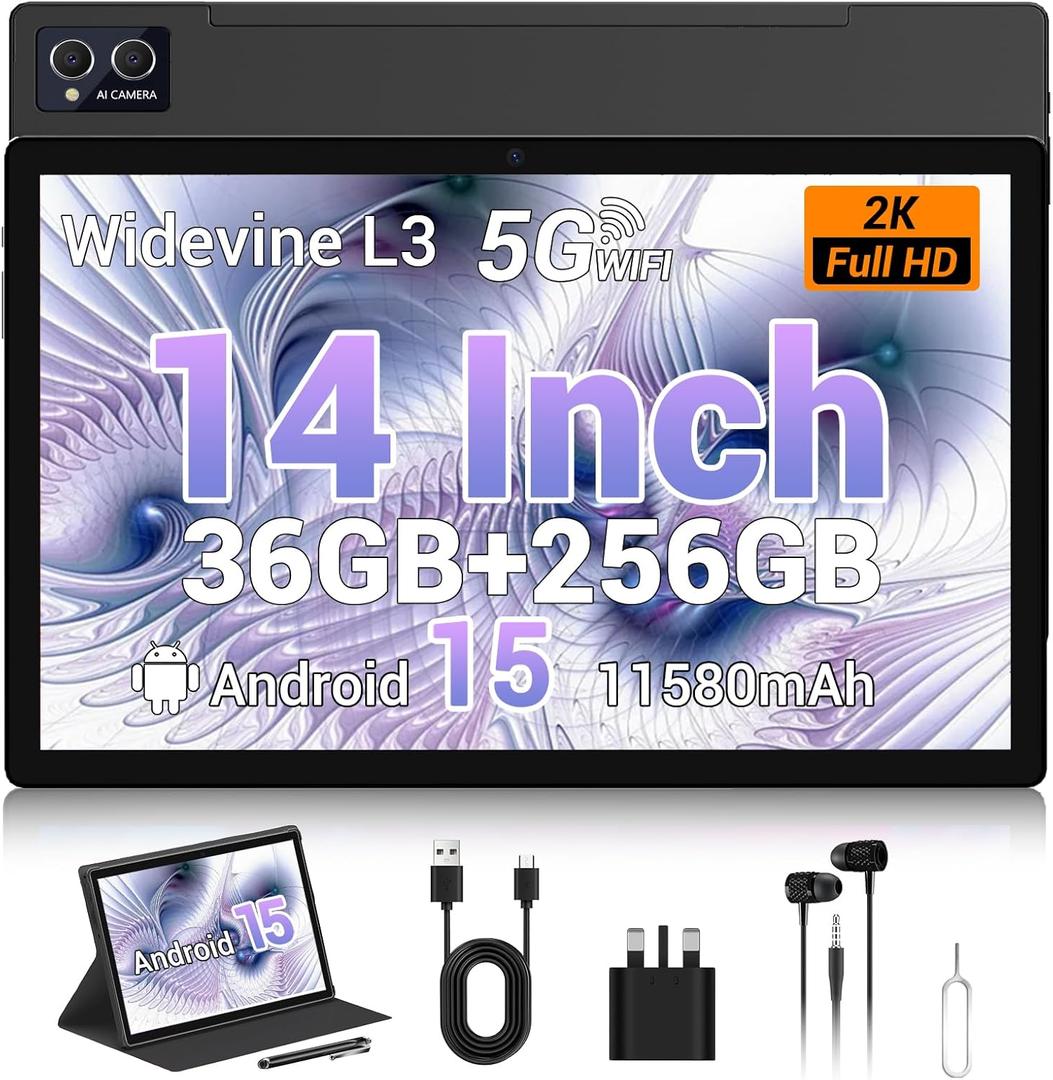 2025 14 Inch Android 15 Tablet with Stylus, 2K FHD Display, 36GB RAM 256GB ROM (1TB TF), 11580mAh Battery,MT6769 8-Core 2.0GHz,4 Speakers,8+13MP with Earphones, FM Radio, GPS, FCC/CE - Black