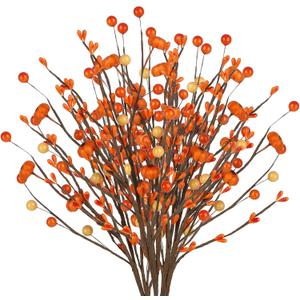 15.7in Fall Pumpkin Berry Branch, Artificial Berry Floral Pick Thanksgiving Orange Berry Stem Autumn Fake Pumpkin Pick for Harvest Home Vase Festival Indoor Christmas Deco(Orange) (1pcs)