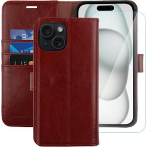 MONASAY Wallet Case Compatible for iPhone 15 5G,[Glass Screen Protector Included] [RFID Blocking] Flip Folio Leather Cell Phone Cover with Credit Card Holder, 6.1-inch, Burgundy