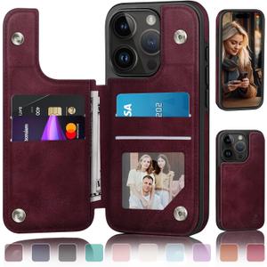 DJDUCK Designed for iPhone 15 Pro Case Wallet with Card Holder, [RFID Blocking Leather Protection] [Magnetic Clasp Cover] Shockproof Men Women Cases 6.1 Inch for Apple 15 Pro Wine Red