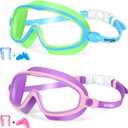 Seago Swim Goggles 2 Pack Anti-Fog Anti-UV Wide View Swimming Goggles for Kids 3-14 (Pink & Green Blue)