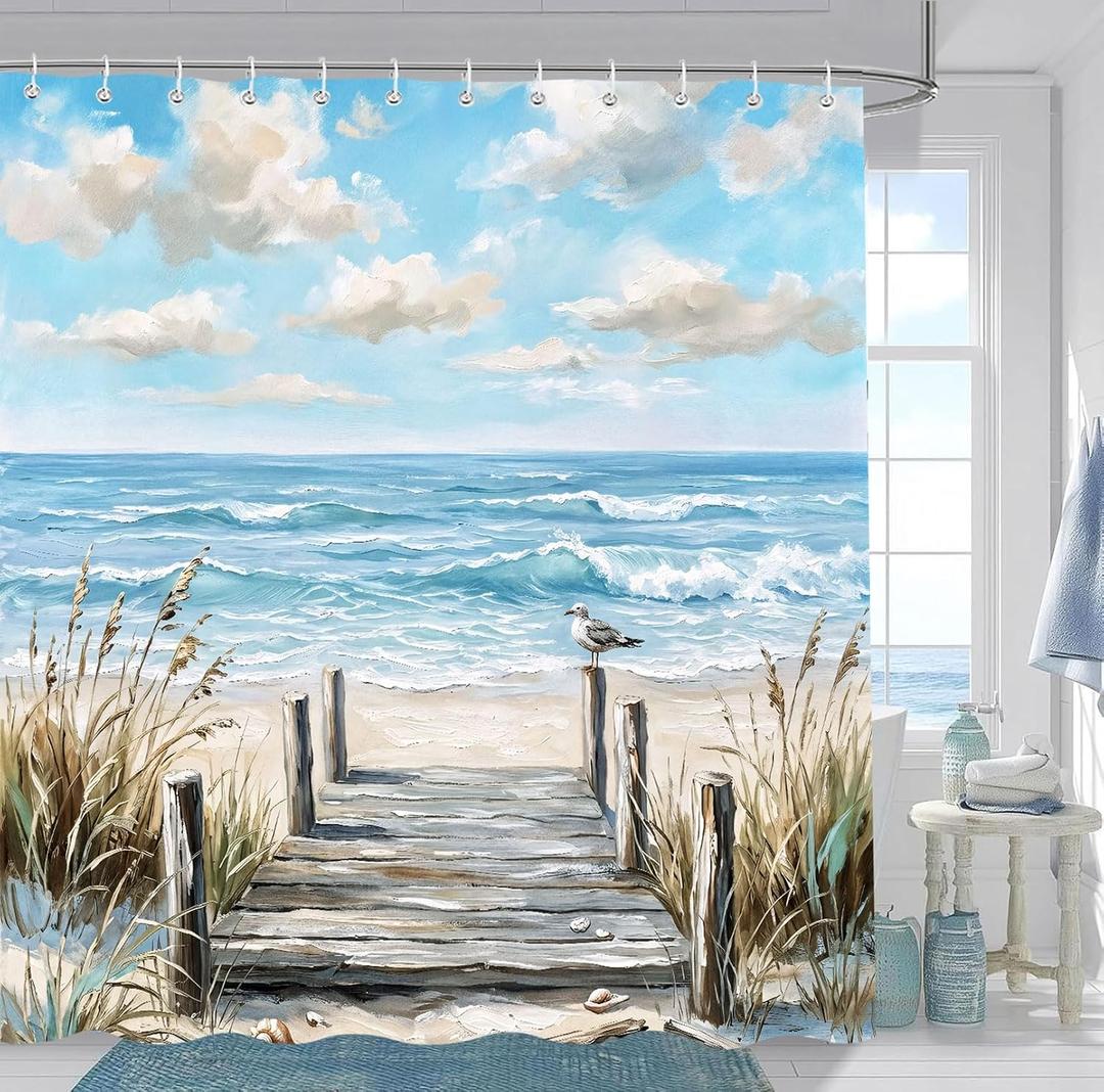 Blue Ocean Beach Shower Curtain, Coastal Oil Painting Summer Hawaiian Shower Curtains for Bathroom, Nautical Seaside Scenery Decor Fabric Shower Curtain Set with 12 Hooks 72X72IN