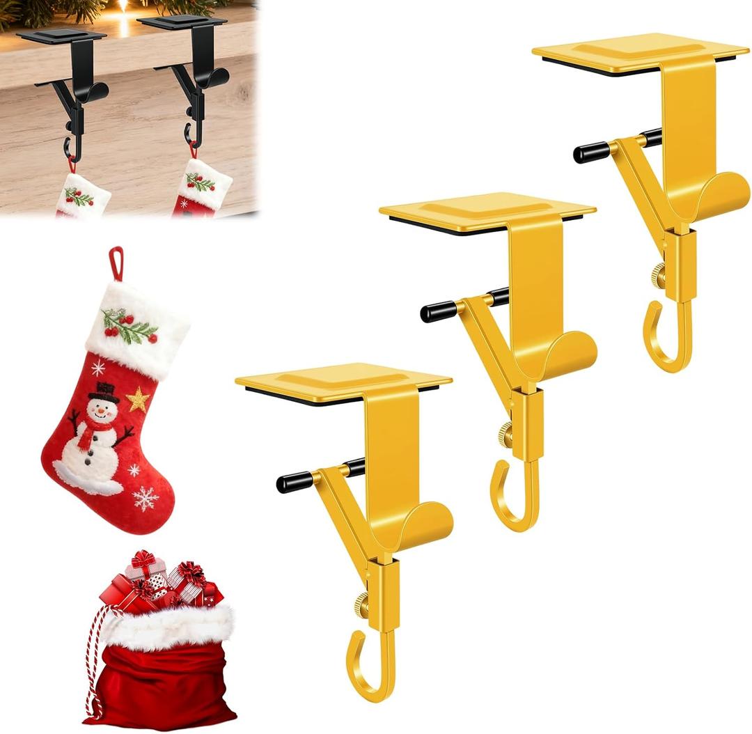 No-Drill Fireplace Stocking and Garland Hanger for Mantel 2-in-1 Adjustable Heavy Duty Christmas Hooks, Tool-Free Clip-On Design Holds Stockings Garland Securely for Indoor Outdoor Decor (3-gold)