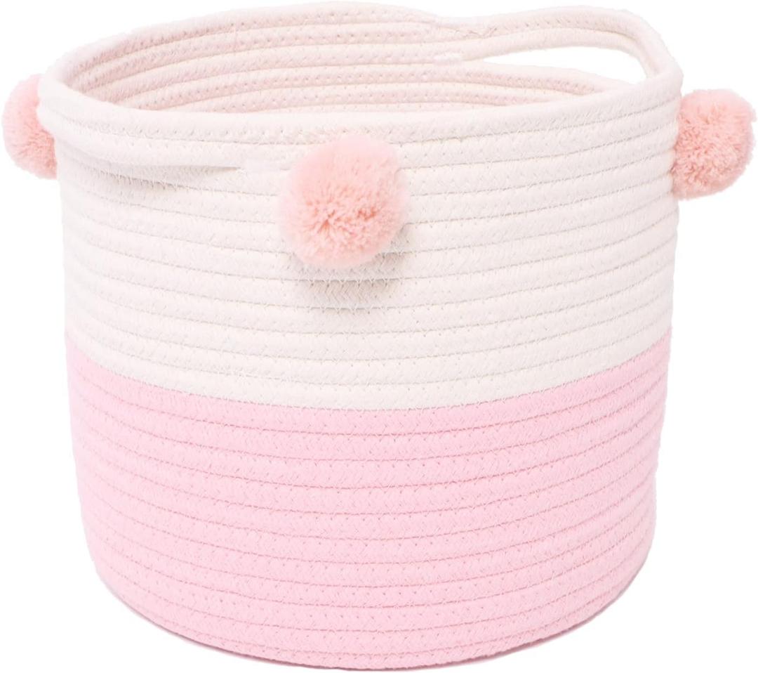 Small Woven Basket With Handles Pom Pom, 9.8 x 9.8 x 7.8 inch Pink-White Round Cute Cotton Rope Decorative Empty Gift Basket for Baby Shower, Easter, Valentine's Day