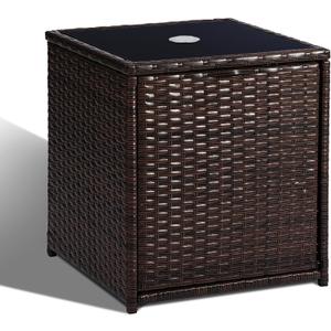 SUNNYPARK Outdoor Umbrella Side Table with 2 Weight Bags, 2-in-1 Patio Table with Umbrella Hole, All-Weather Handwoven PE Rattan Umbrella Base Stand for Deck Yard Garden Balcony Poolside