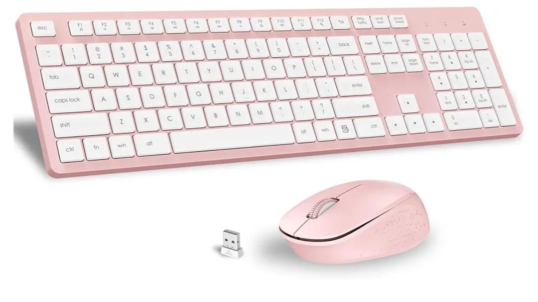 LeadsaiL Pink Wireless Keyboard and Mouse Combo, Full-Sized Ergonomic Computer Keyboard, 2.4GHz Cordless Keyboard Silent Mouse Set with 2-in-1 USB Receiver, 12 FN Shortcuts for Windows Laptop, PC/Mac