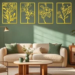 ZNZAPO 4 Pcs Large Gold Metal Flower Wall Art, Abstract Line Art Wall Decor, Minimalist Floral Wall Hanging Art, 3d Wall Art Sculptures Decor for Living Room Bedroom Bathroom (15.7 × 22.5”)