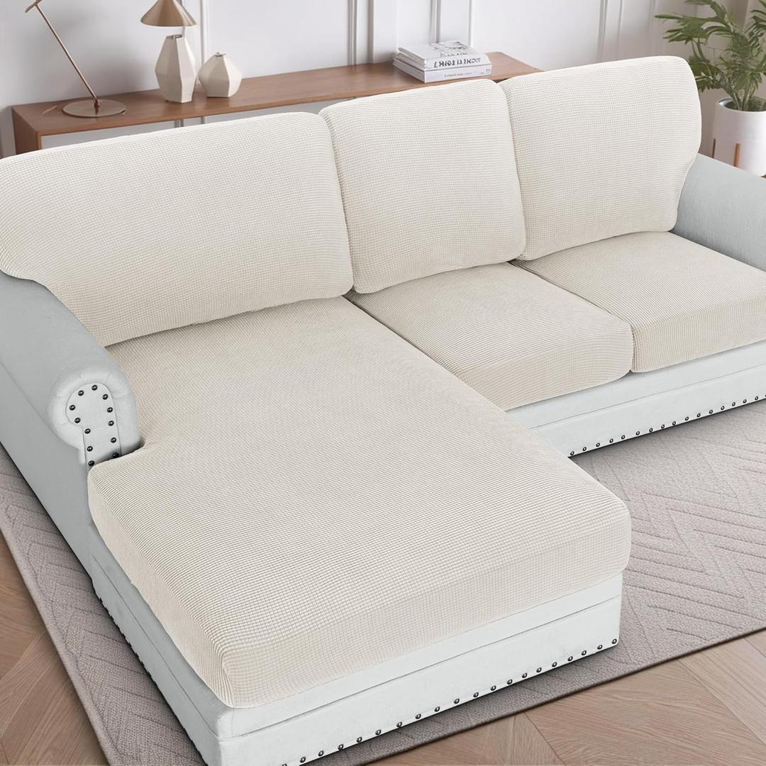 H.VERSAILTEX 2025 New Sectional Couch Covers 6 Pieces Stretch Sofa Covers for Sectional Sofa Set Separate L Shaped Couch Cover for Both Left/Right Couch (Seat and Back: 1 Chaise + 2 Sofa, Ivory)