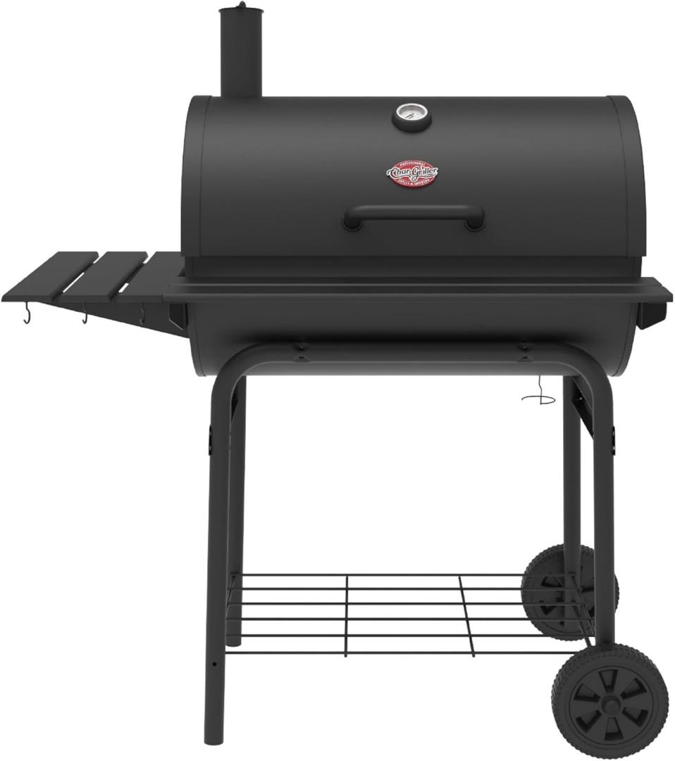 Char-Griller Pro Deluxe Charcoal Barrel Grill, EasyDump Ash Pan, Premium Front and Side Shelves with Utensil Hooks, 850 Square Inches of Cooking Space in Black, Model E2827