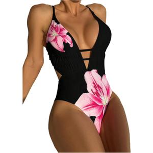SweatyRocks Women's Floral Deep V Neck Criss Cross One Piece Swimsuit Swimwear Bathing Suit, Medium