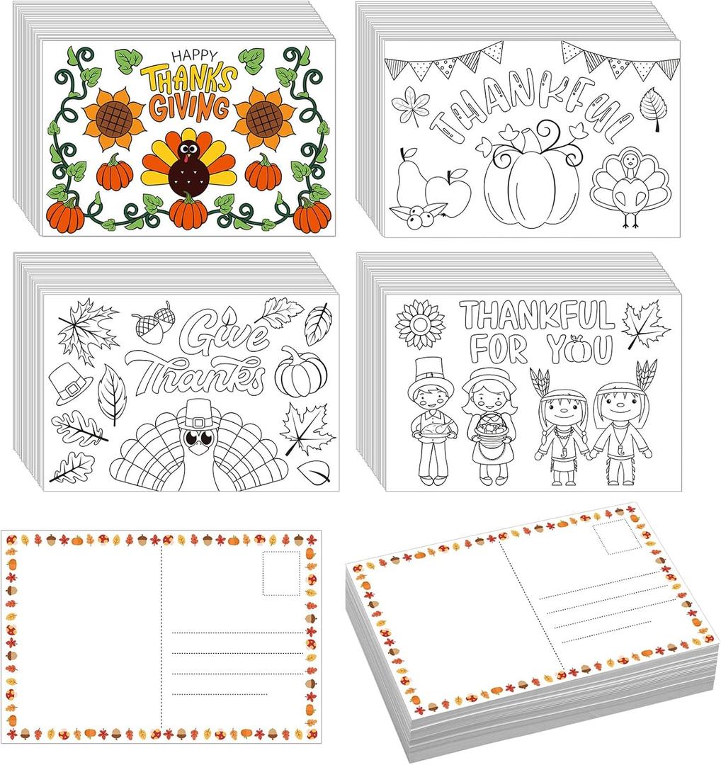 Fulmoon 100 Pcs Thanksgiving Color Your Own Cards 4 Styles 4" x 6" Turkey Pumpkin Sunflower Maple Leaves Coloring Greeting Fall Autumn Activity Postcards for Kids Student Adult Holiday Crafts