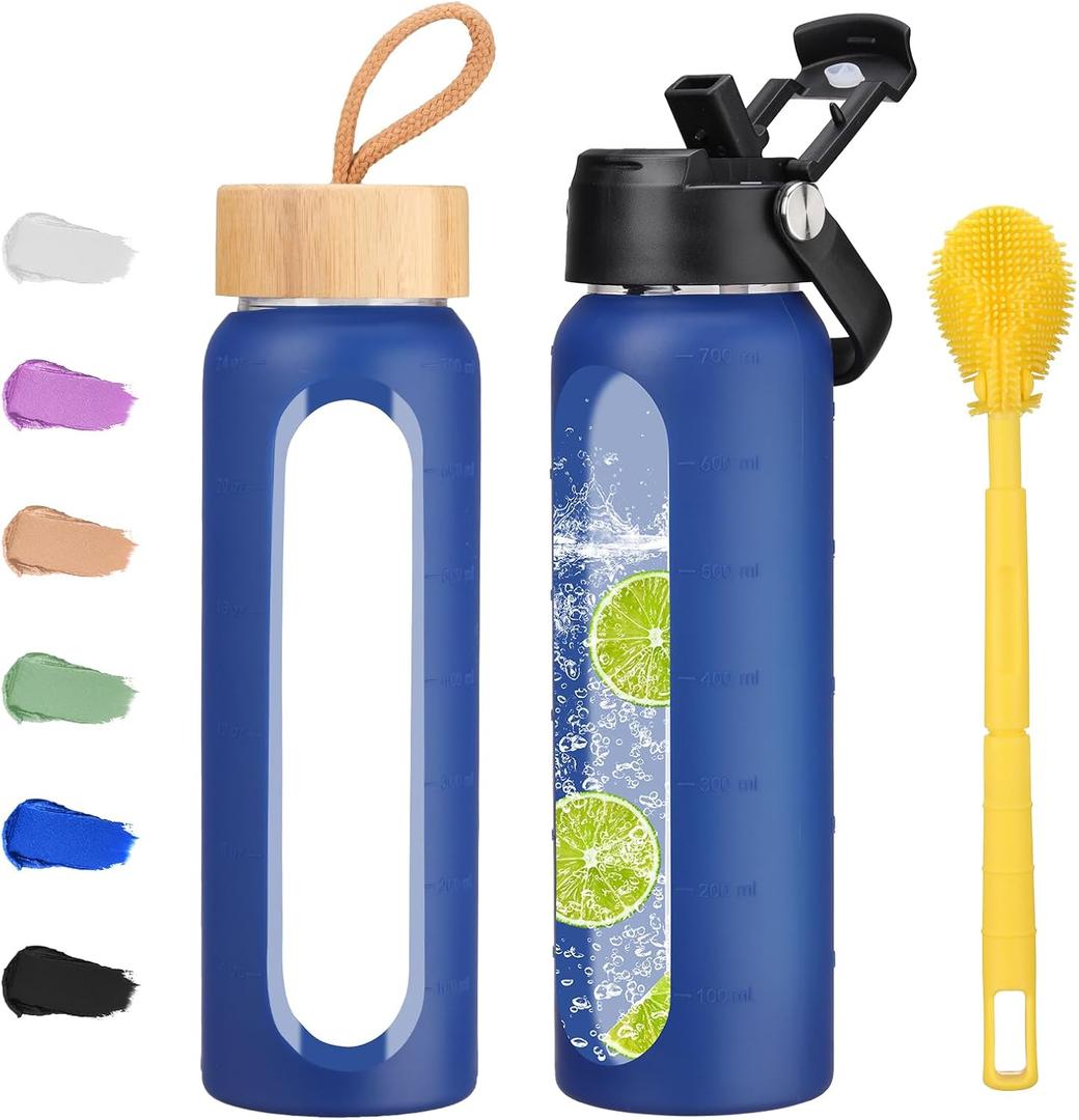 24 oz Glass Water Bottle with 2 Lids-Handle Straw Lid & Bamboo Lid,1 Liter Motivataional Tumbler Water Bottle Time Marker, Borosilicate Glass Water Bottles With Silicone Sleeve, Leakproof (Blue)