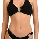 OYOANGLE Women's 2 Pieces Bikini Swimsuit Set Cute Heart Ring Textured Halter Bikini Swimwear (Medium, Plain Black)