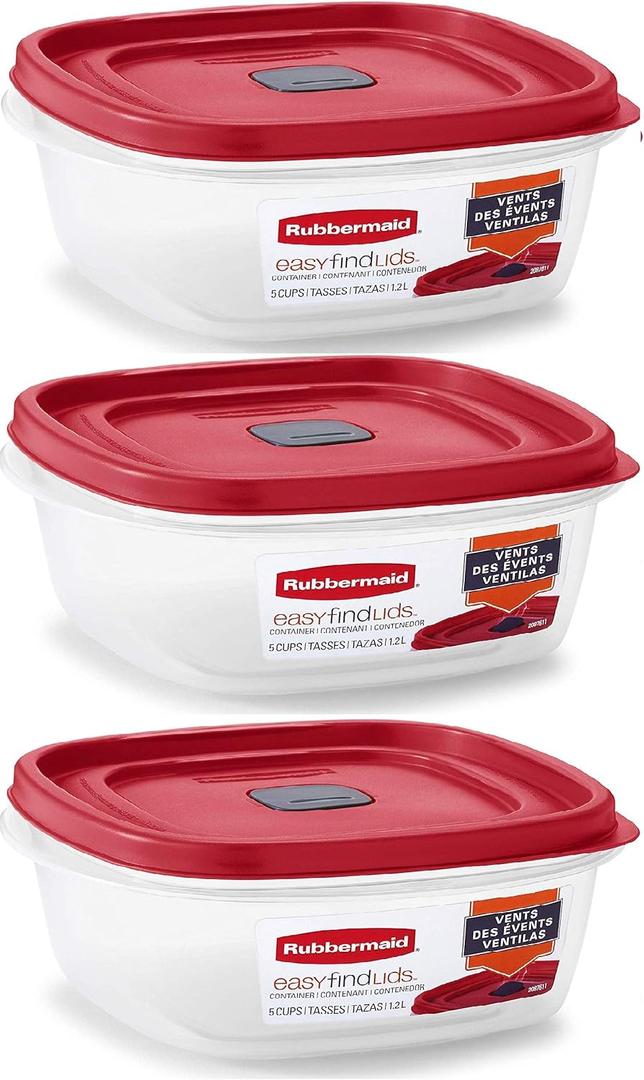 Rubbermaid Easy Find Lid Square 5-Cup Food Storage Container (Pack of 3), Red (Vented)