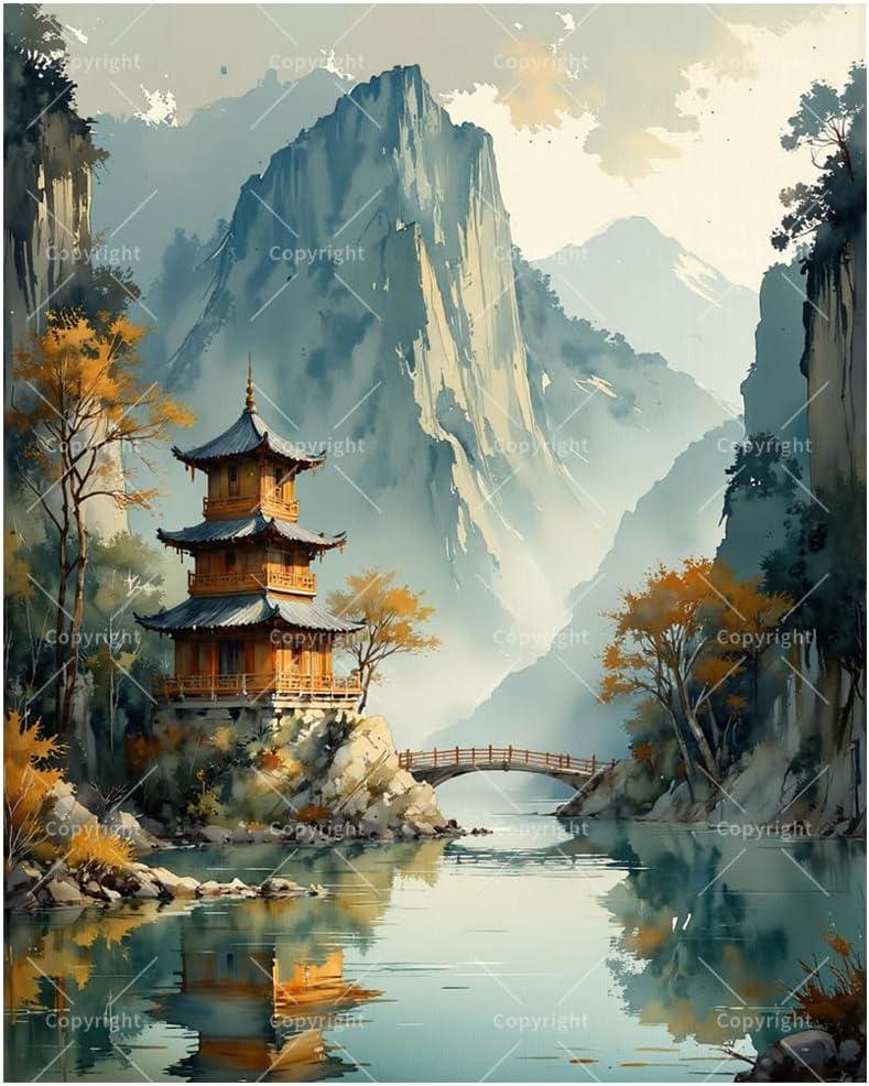 TAOPAOLAB Scenic Paint by Numbers Kit for Adults - DIY Mountain Pagoda and River Landscape Painting on Canvas 16x20In, Framed Acrylic Paint Set for Beginners, Art for Home Decoration or Gifts