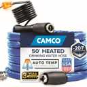 Camco 50' Heated Water Hose for RV  Prevents Freezing Down to -20  Certified For Drinking Water & Lead-Free  Great for Campers, Livestock, Agriculture, Kennels, etc.  5/8" ID (22912)