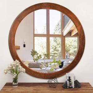 CULER Round Mirrors 30 Inch,Wood Vanity Wall Rustic Mirror with Walnut Frame, Wooden Mirror for Bathroom Bedroom Living Room Or Entryway(Walnut Brown) (30"L x 30"W)