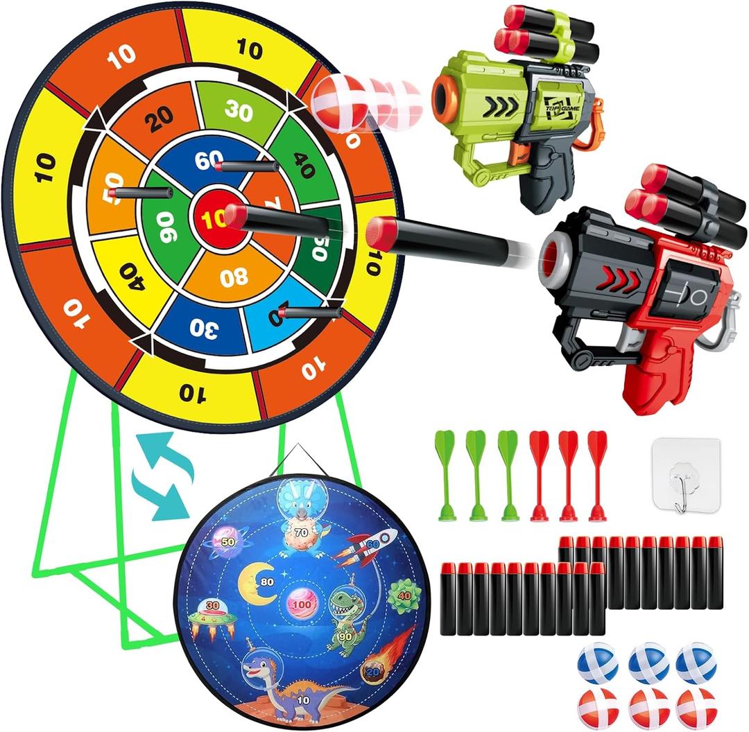 Double-Sided Dart Board Garden Game for Kids, 29 Inch Dartboard Standing & Hanging Shooting Toy Set with 2 Toy Guns, Indoor Outdoor Garden Carnival Party Game Fun for 3 4 5 6 7 8+ Year Old Boys Girls, 29 inches x 400 grams