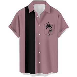 Mens Standard-Fit Shirts Coconut Tree Beach Short-Sleeved Button-Up Casual Hawaiian Shirt (Pink, Large)